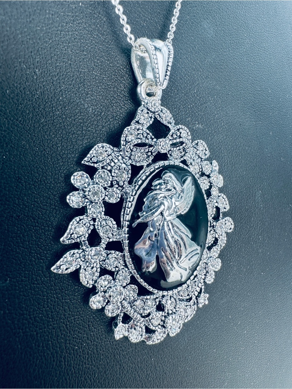 JTV Guardian Angel Necklace Black Enamel Pendant Silver Tone Rhinestones Titanic - Picture 5 of 10